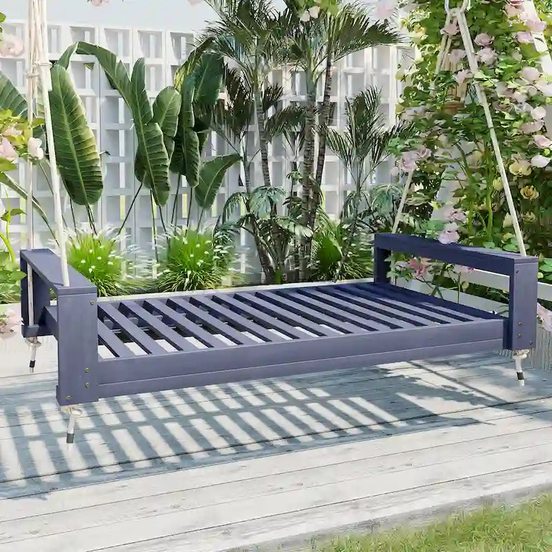 Dondolo da veranda a due posti per patio con telaio in legno di acacia e corde di canapa
