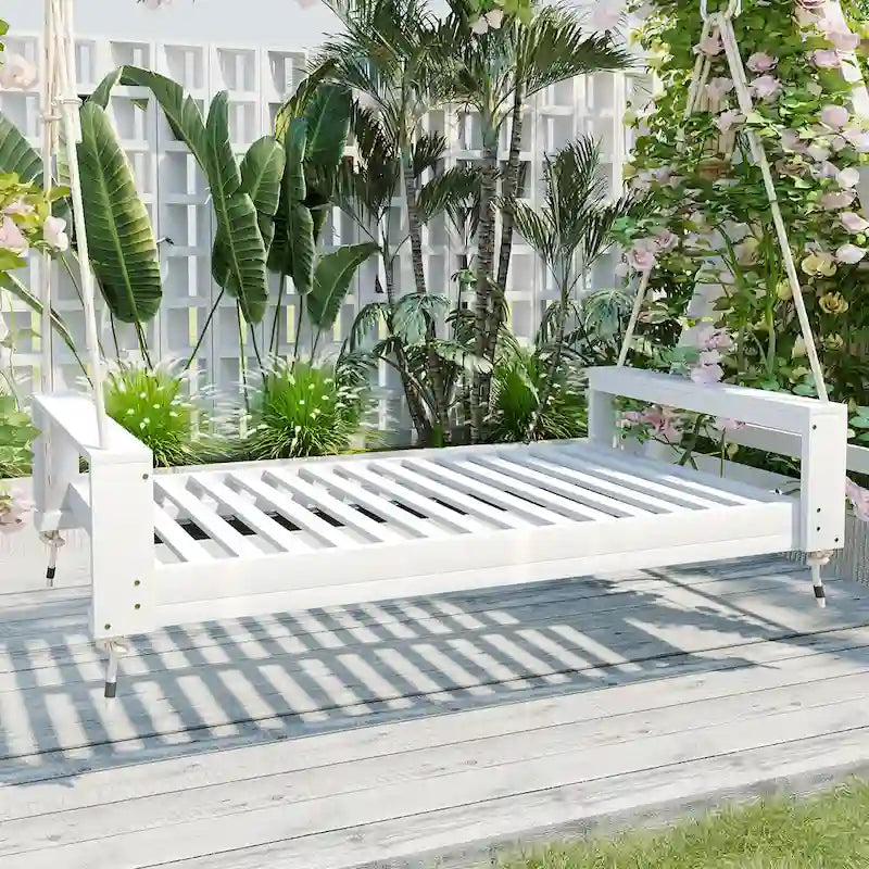 Twin Size Porch Swing Bed Patio Acacia Wood Swing Frame with Hemp Ropes