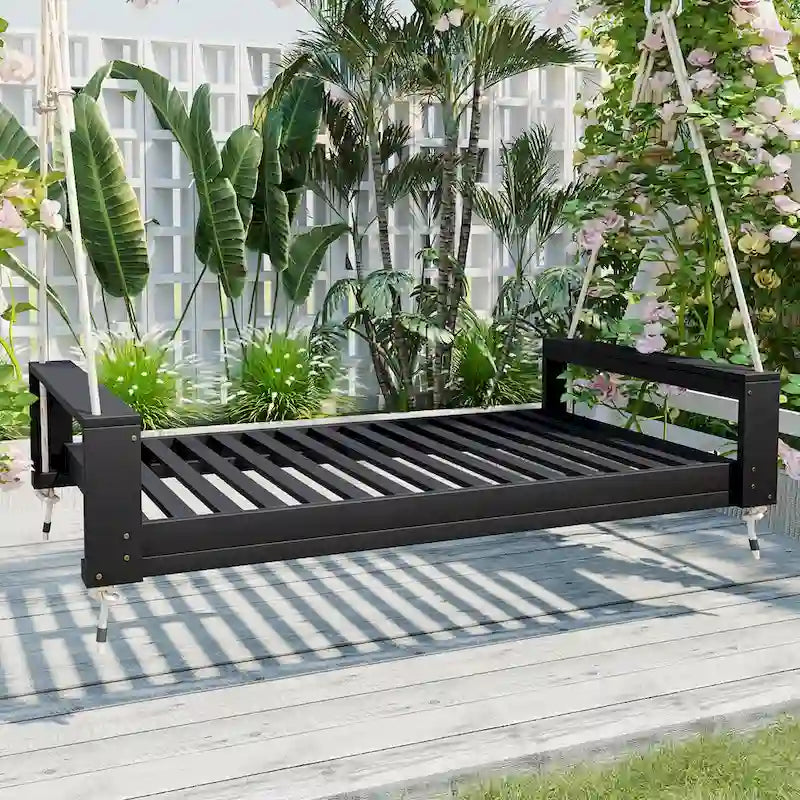 Twin Size Porch Swing Bed Patio Acacia Wood Swing Frame with Hemp Ropes
