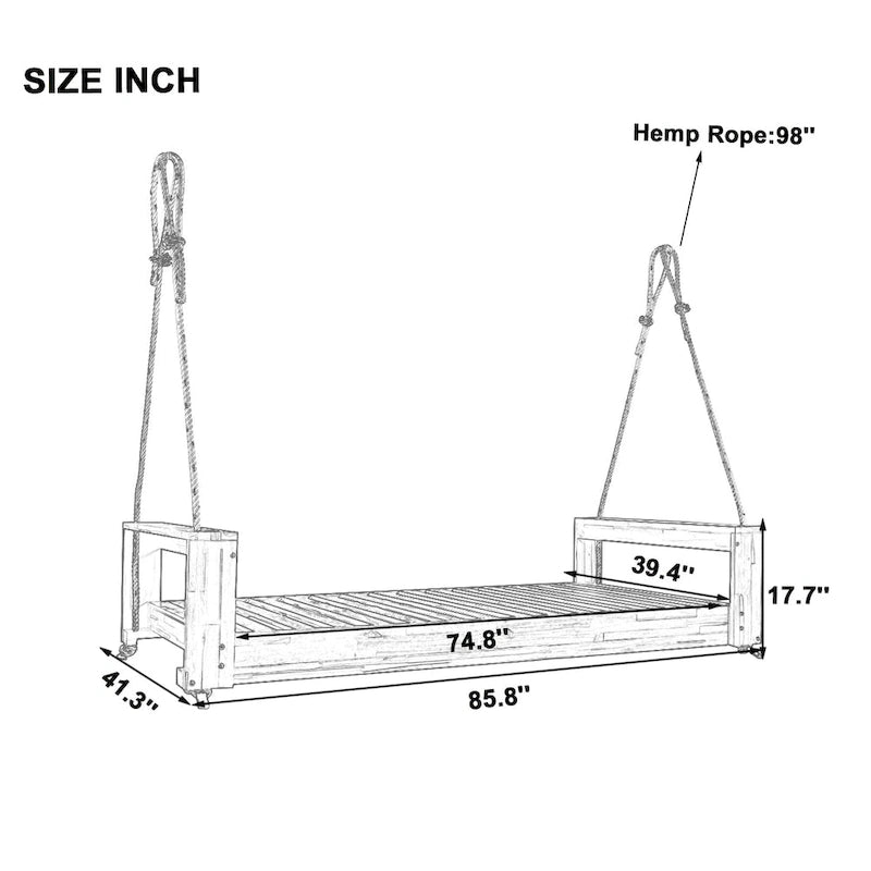 Twin Size Porch Swing Bed Patio Acacia Wood Swing Frame with Hemp Ropes