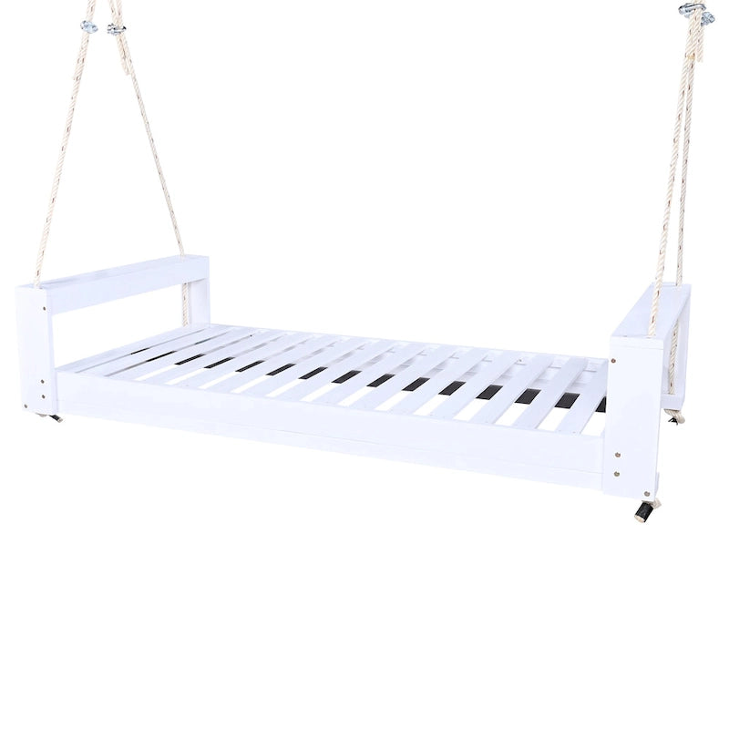 Twin Size Porch Swing Bed Patio Acacia Wood Swing Frame with Hemp Ropes