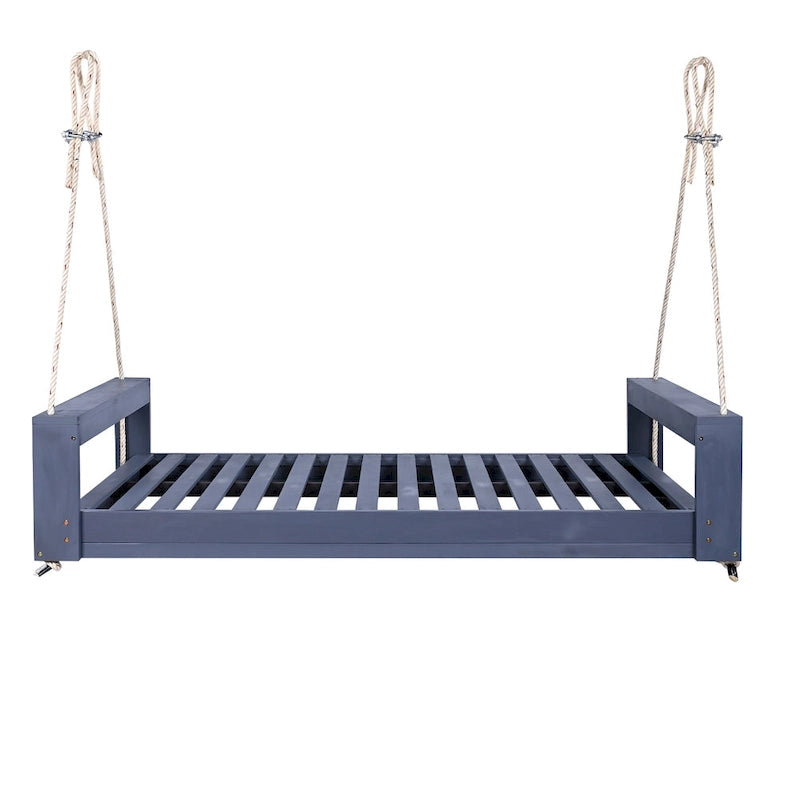 Twin Size Porch Swing Bed Patio Acacia Wood Swing Frame with Hemp Ropes