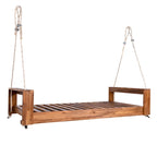Twin Size Porch Swing Bed Patio Acacia Wood Swing Frame with Hemp Ropes