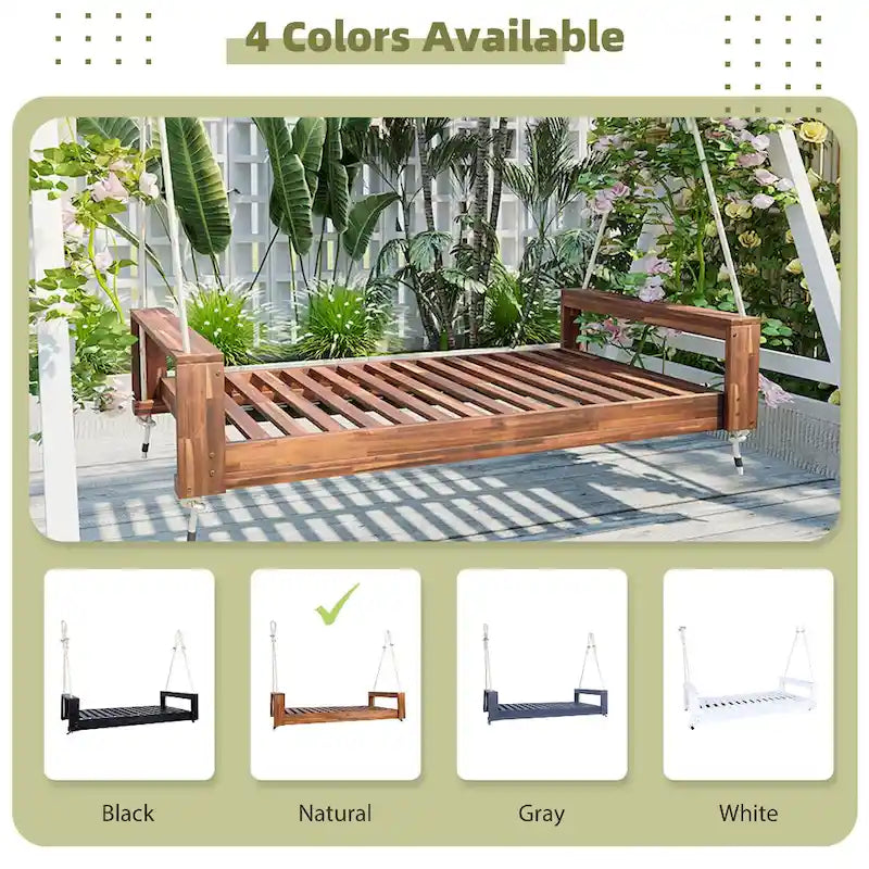 Twin Size Porch Swing Bed Patio Acacia Wood Swing Frame with Hemp Ropes