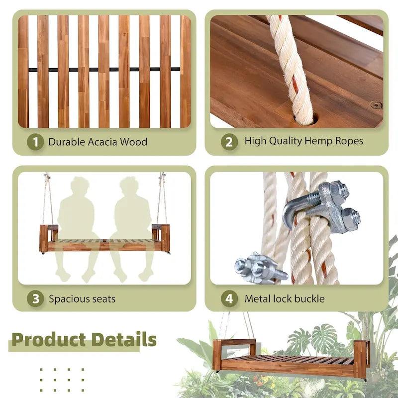 Twin Size Porch Swing Bed Patio Acacia Wood Swing Frame with Hemp Ropes