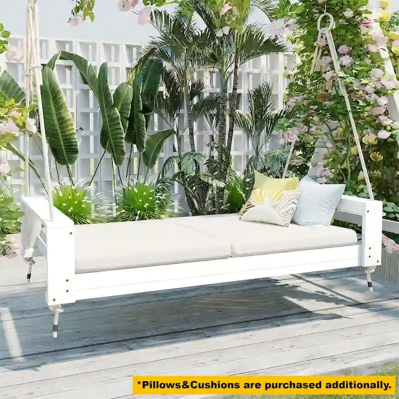 Twin Size Porch Swing Bed Patio Acacia Wood Swing Frame with Hemp Ropes
