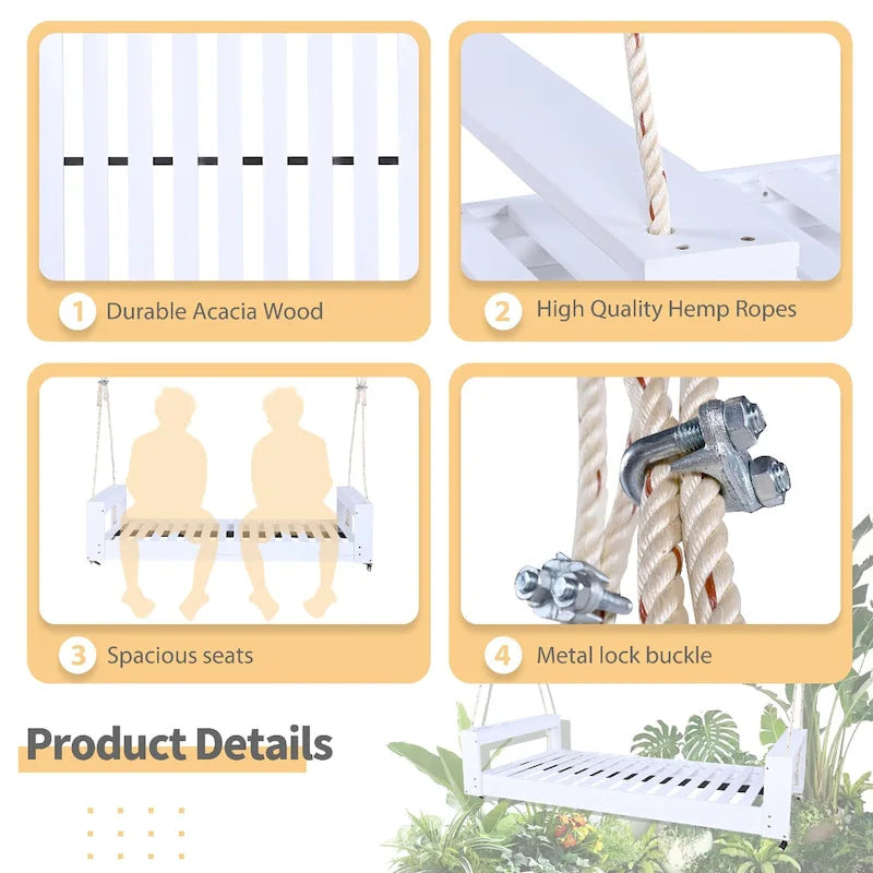 Twin Size Porch Swing Bed Patio Acacia Wood Swing Frame with Hemp Ropes