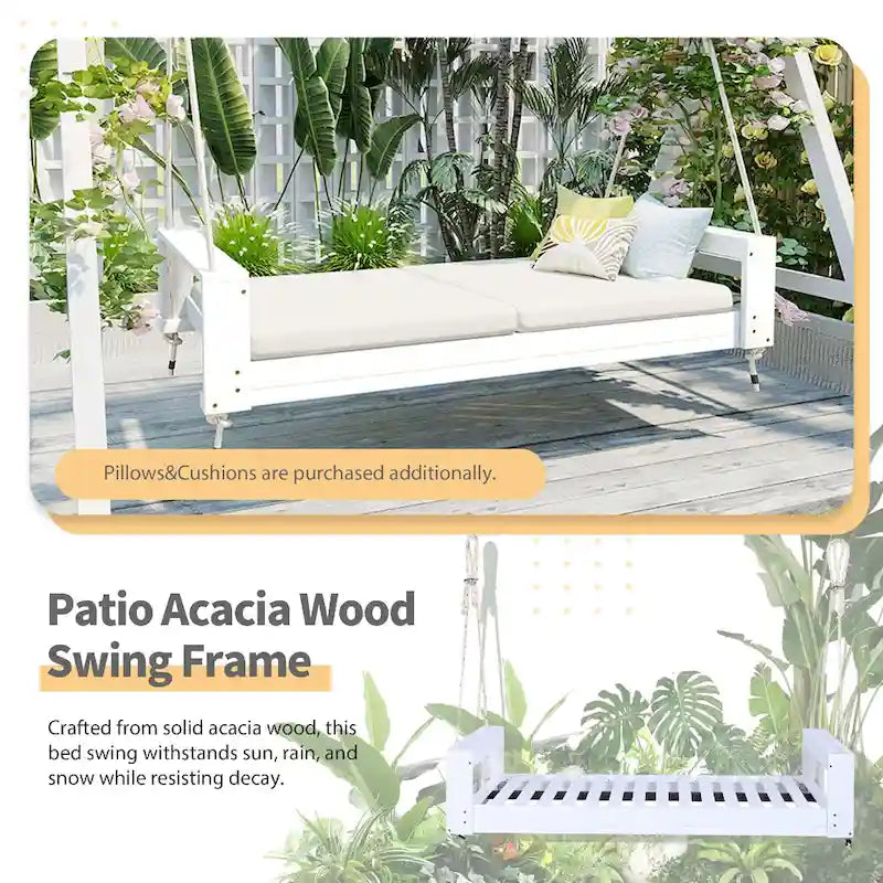 Twin Size Porch Swing Bed Patio Acacia Wood Swing Frame with Hemp Ropes