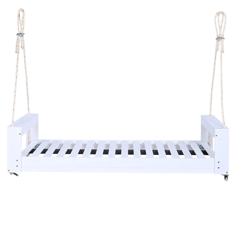 Twin Size Porch Swing Bed Patio Acacia Wood Swing Frame with Hemp Ropes