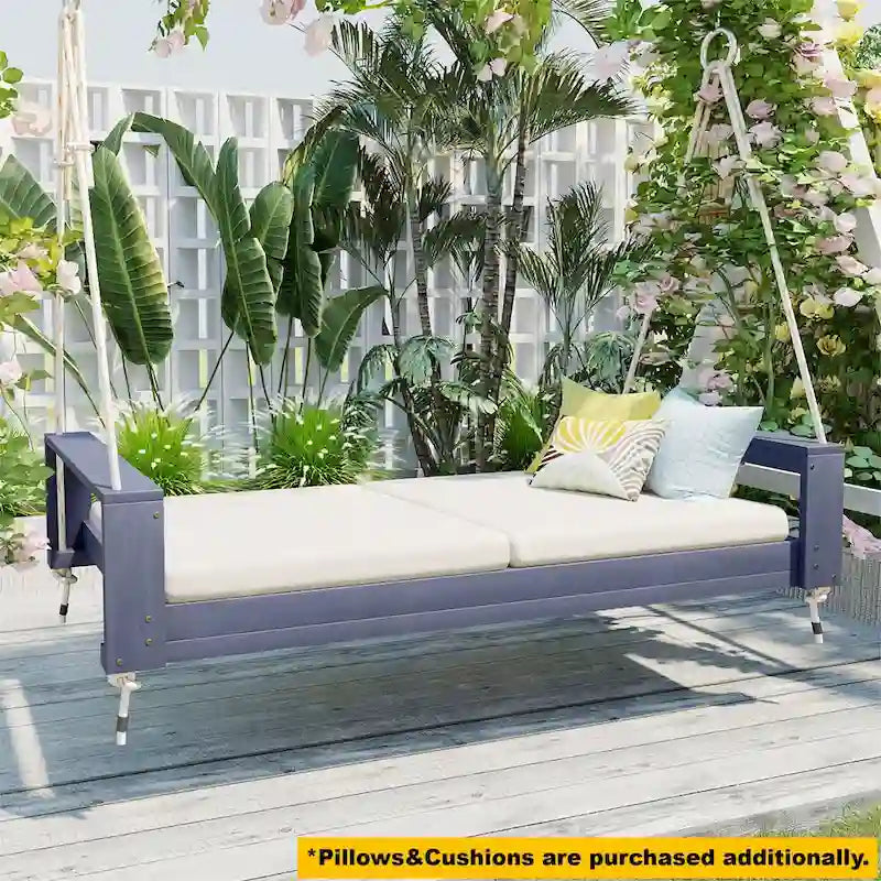 Twin Size Porch Swing Bed Patio Acacia Wood Swing Frame with Hemp Ropes