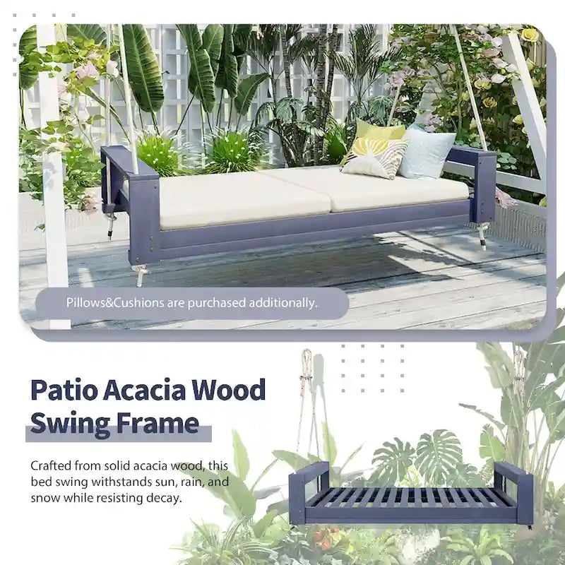 Twin Size Porch Swing Bed Patio Acacia Wood Swing Frame with Hemp Ropes