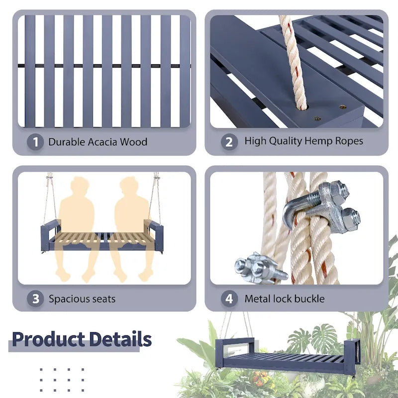 Twin Size Porch Swing Bed Patio Acacia Wood Swing Frame with Hemp Ropes