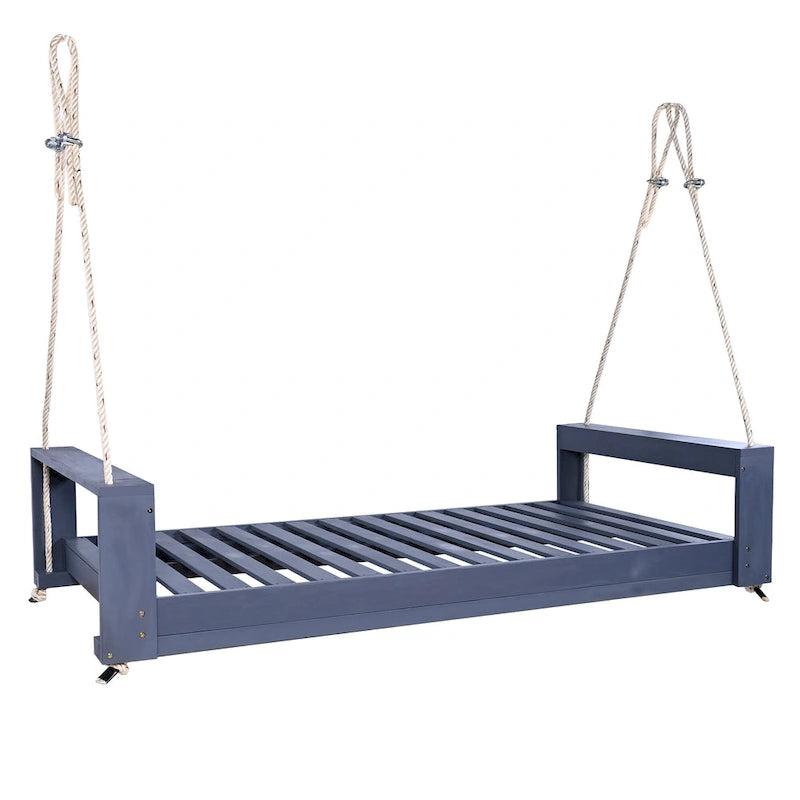 Twin Size Porch Swing Bed Patio Acacia Wood Swing Frame with Hemp Ropes