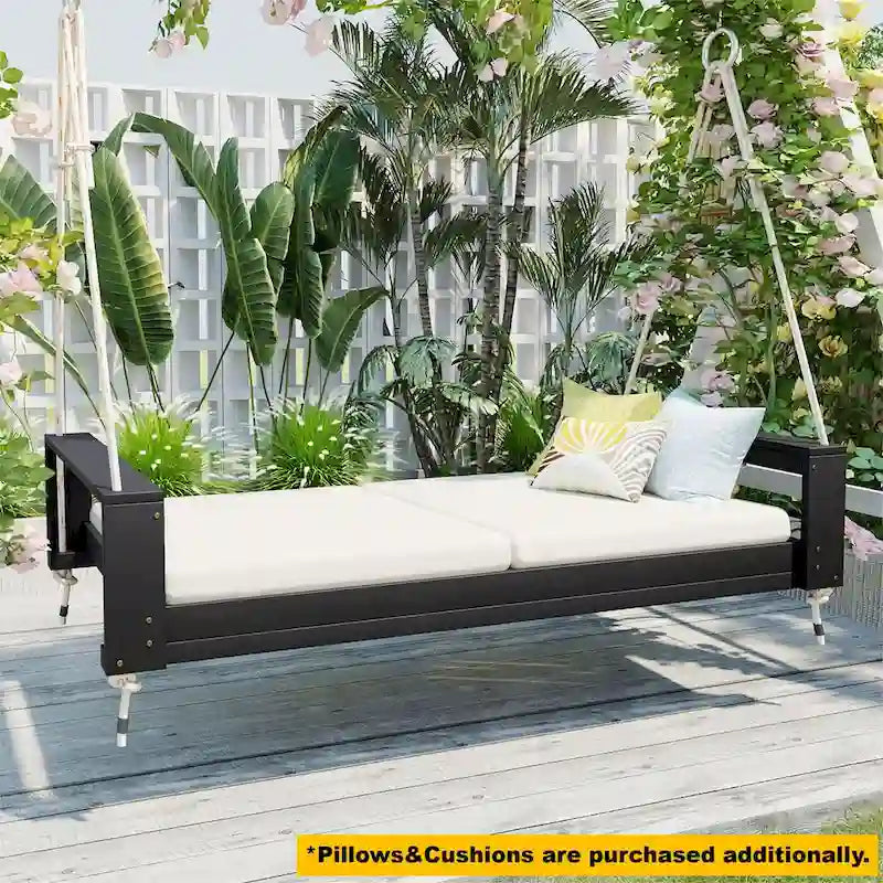 Twin Size Porch Swing Bed Patio Acacia Wood Swing Frame with Hemp Ropes