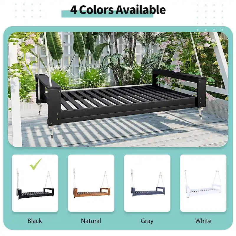 Twin Size Porch Swing Bed Patio Acacia Wood Swing Frame with Hemp Ropes