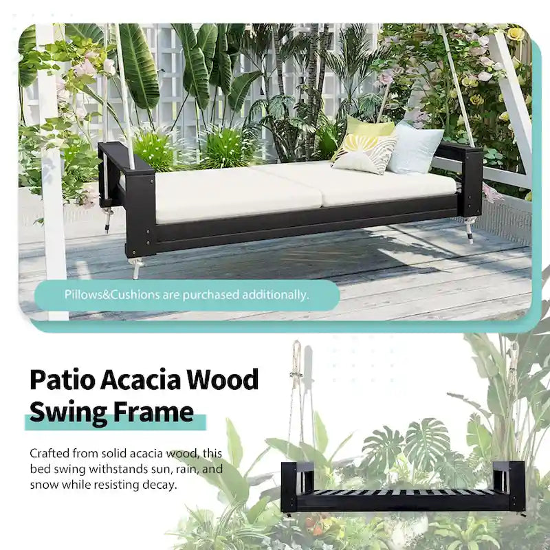 Twin Size Porch Swing Bed Patio Acacia Wood Swing Frame with Hemp Ropes