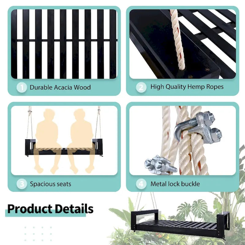 Twin Size Porch Swing Bed Patio Acacia Wood Swing Frame with Hemp Ropes