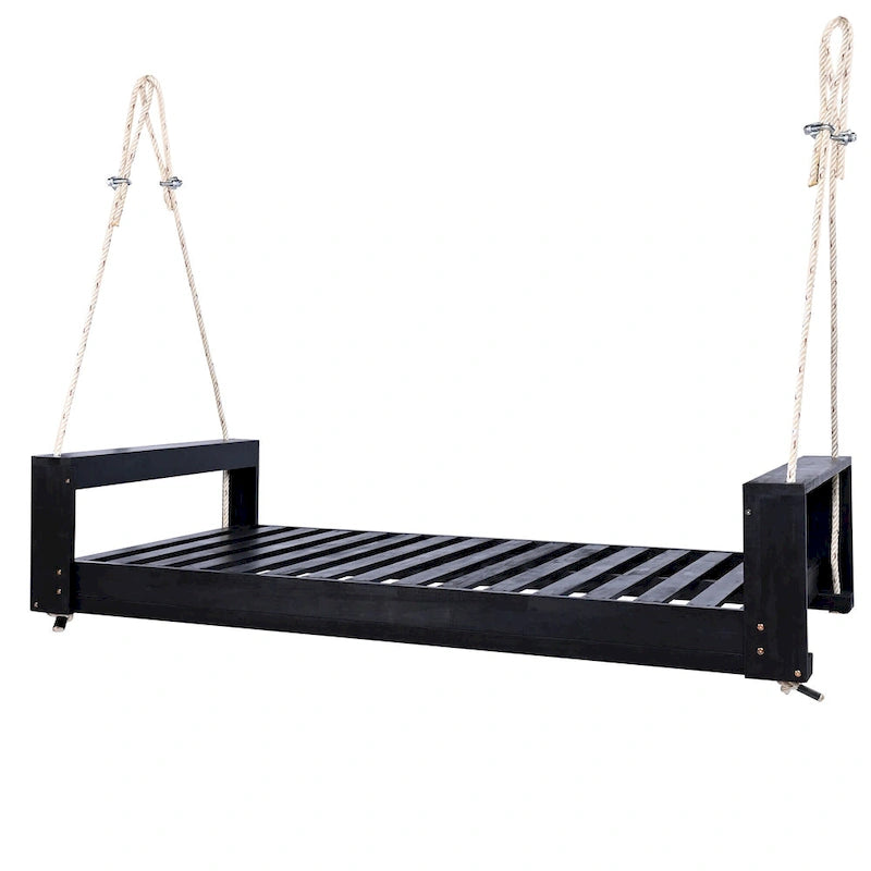 Twin Size Porch Swing Bed Patio Acacia Wood Swing Frame with Hemp Ropes