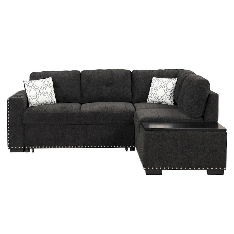 Pull-Out Sofa Bed, L-Shaped Corner Sofa Couch Nailhead Trim Lounge Sofa with Storage Ottoman and USB Ports, Cup Holder Black