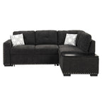 Pull-Out Sofa Bed, L-Shaped Corner Sofa Couch Nailhead Trim Lounge Sofa with Storage Ottoman and USB Ports, Cup Holder Black