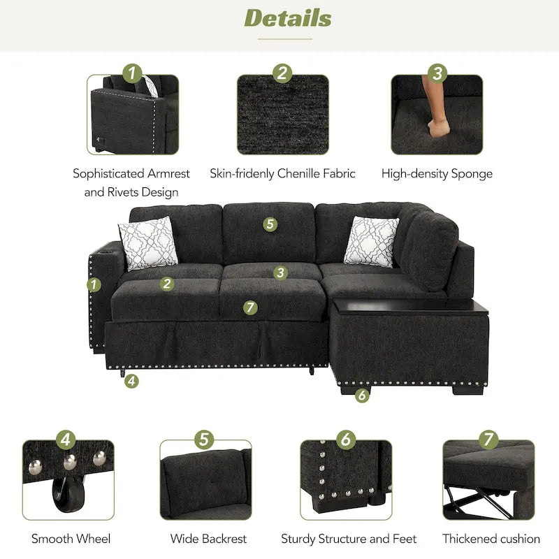 Pull-Out Sofa Bed, L-Shaped Corner Sofa Couch Nailhead Trim Lounge Sofa with Storage Ottoman and USB Ports, Cup Holder Black