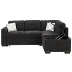 Pull-Out Sofa Bed, L-Shaped Corner Sofa Couch Nailhead Trim Lounge Sofa with Storage Ottoman and USB Ports, Cup Holder Black