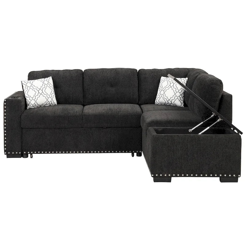 Pull-Out Sofa Bed, L-Shaped Corner Sofa Couch Nailhead Trim Lounge Sofa with Storage Ottoman and USB Ports, Cup Holder Black