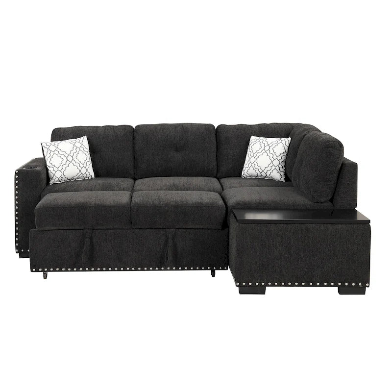 Pull-Out Sofa Bed, L-Shaped Corner Sofa Couch Nailhead Trim Lounge Sofa with Storage Ottoman and USB Ports, Cup Holder Black