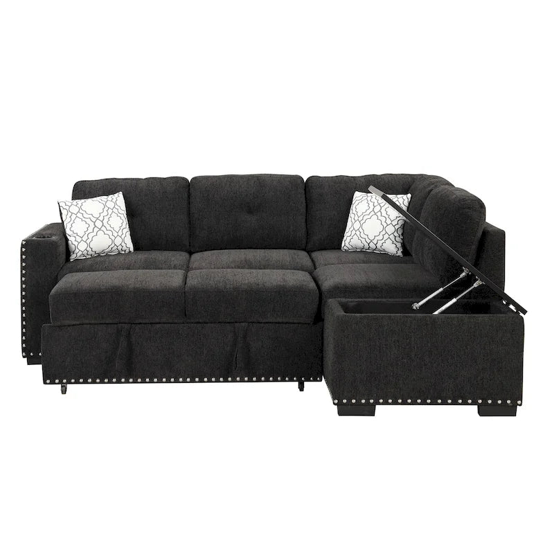 Pull-Out Sofa Bed, L-Shaped Corner Sofa Couch Nailhead Trim Lounge Sofa with Storage Ottoman and USB Ports, Cup Holder Black