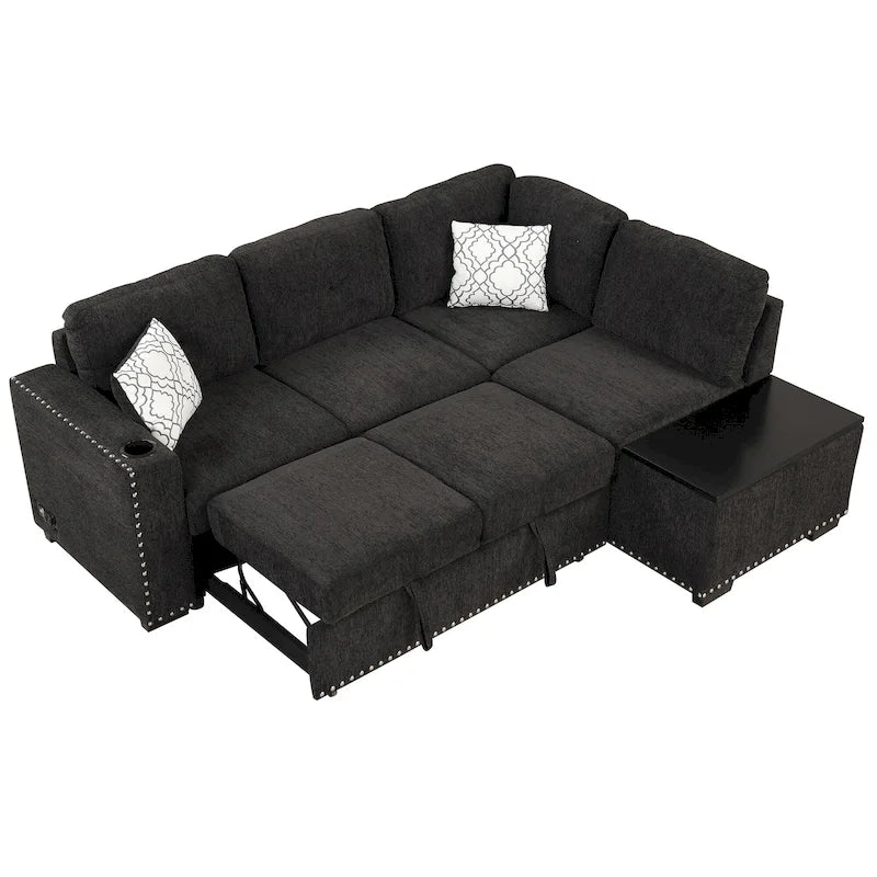 Pull-Out Sofa Bed, L-Shaped Corner Sofa Couch Nailhead Trim Lounge Sofa with Storage Ottoman and USB Ports, Cup Holder Black