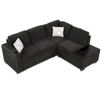 Pull-Out Sofa Bed, L-Shaped Corner Sofa Couch Nailhead Trim Lounge Sofa with Storage Ottoman and USB Ports, Cup Holder Black