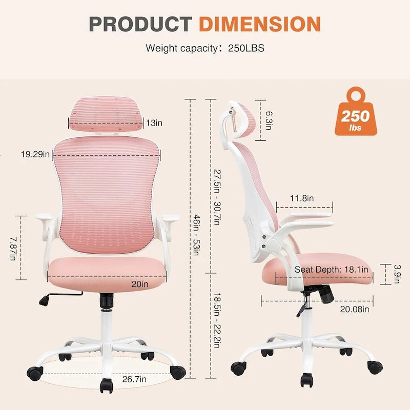 Office Computer Desk Chair, Ergonomic High-Back Mesh Rolling Work Chairs with Wheels &Adjustable Headrests, Comfy Flip-up Arms