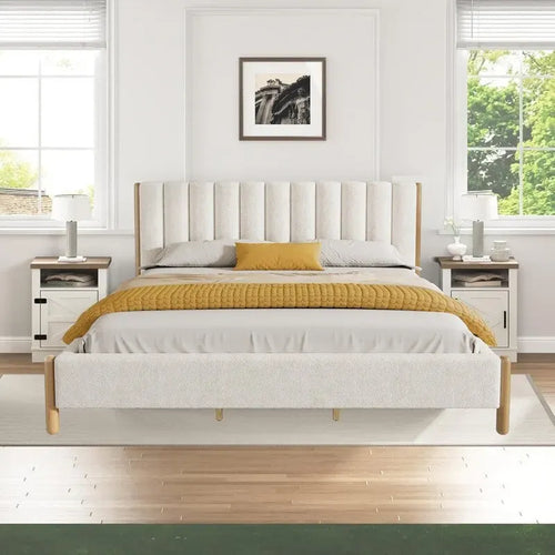 3-Pieces Bedroom Sets ,Bed Frame with Boucle Upholstered Thick Headboard, Solid Wooden Legs,Nightstands Set of 2 with Barn Door