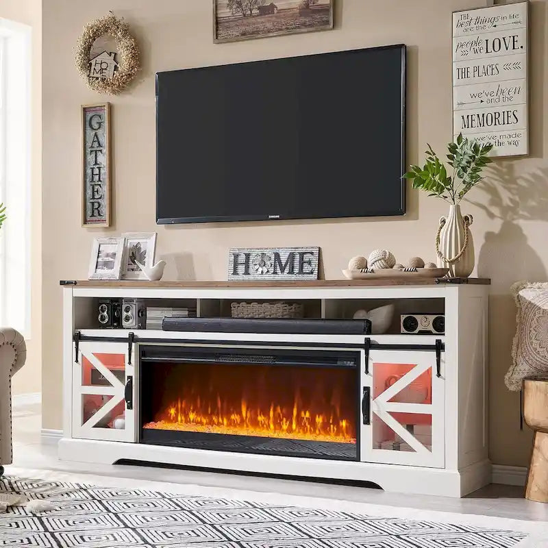Farmhouse Fireplace TV Stand for 80 TV, Rustic Entertainment Center