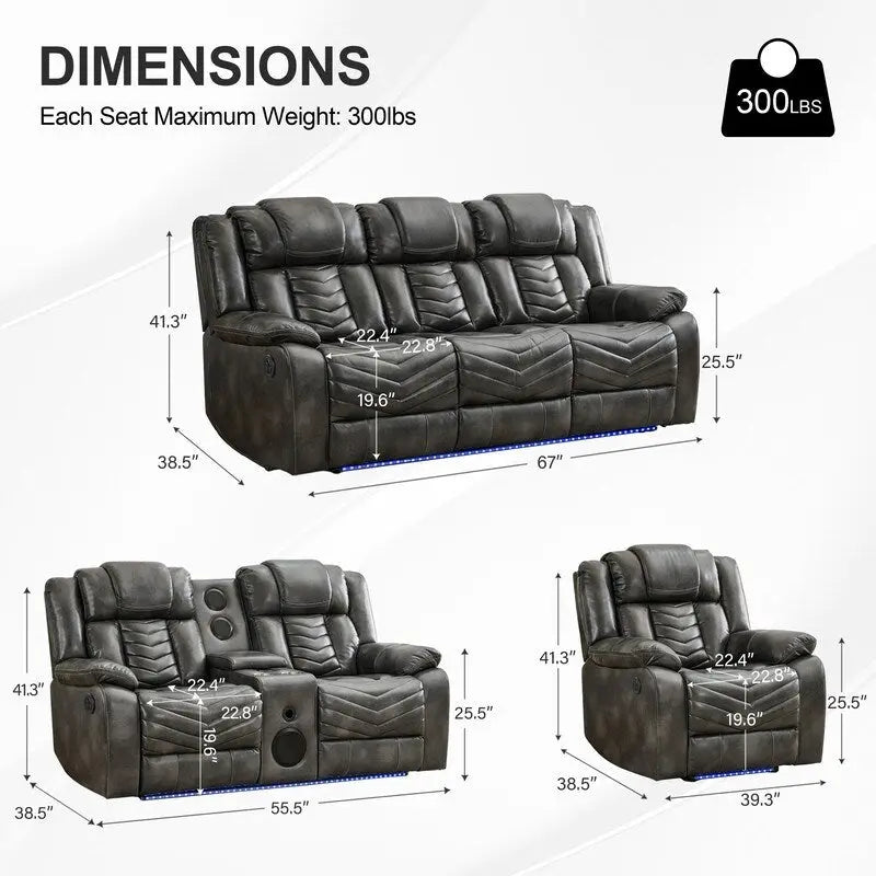 Power Recliner Sofa Set 6-Seater with Zero Gravity,Bass Speaker,Wireless Charger,USB/Type-C Ports,LED Lights,Cup Holders,Gray