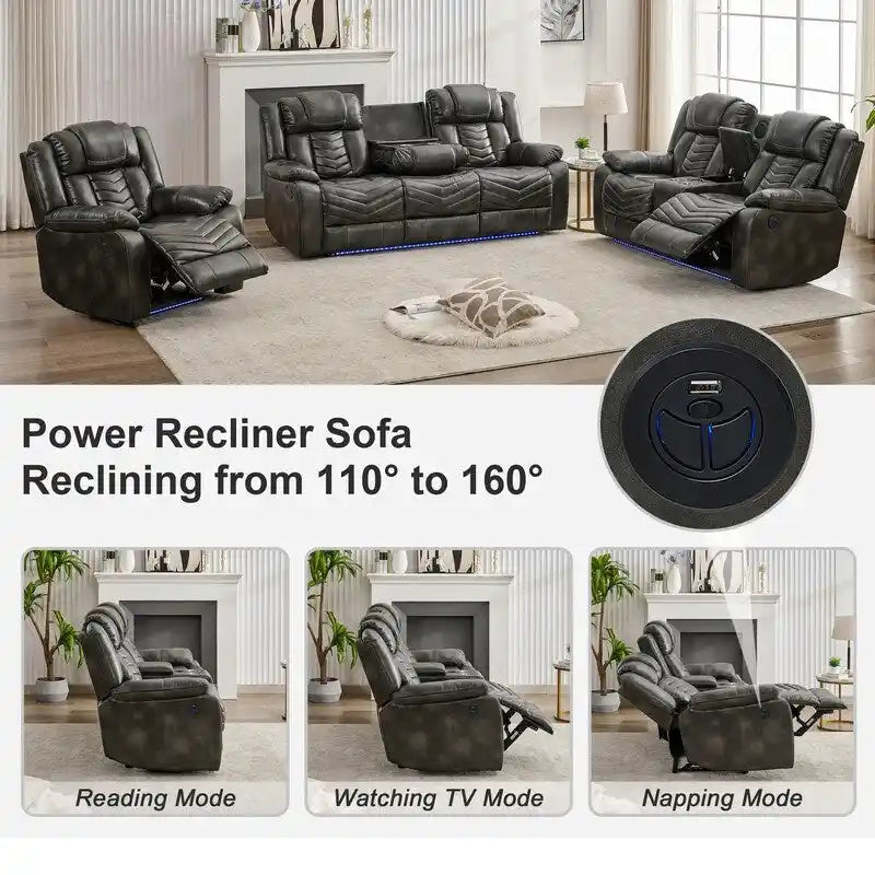 Power Recliner Sofa Set 6-Seater with Zero Gravity,Bass Speaker,Wireless Charger,USB/Type-C Ports,LED Lights,Cup Holders,Gray