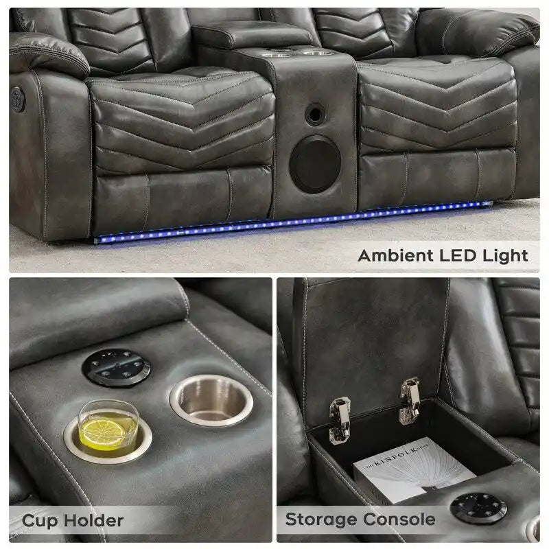 Power Recliner Sofa Set 6-Seater with Zero Gravity,Bass Speaker,Wireless Charger,USB/Type-C Ports,LED Lights,Cup Holders,Gray