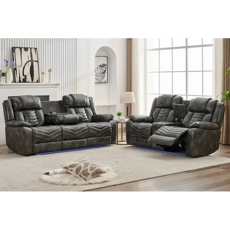 Power Recliner Sofa Set 6-Seater with Zero Gravity,Bass Speaker,Wireless Charger,USB/Type-C Ports,LED Lights,Cup Holders,Gray