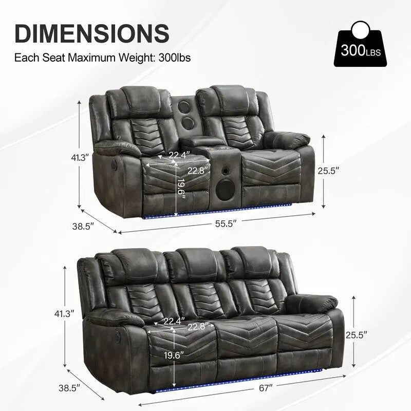 Power Recliner Sofa Set 6-Seater with Zero Gravity,Bass Speaker,Wireless Charger,USB/Type-C Ports,LED Lights,Cup Holders,Gray