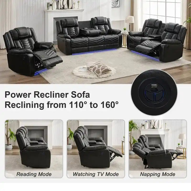 Power Recliner Sofa Set 6-Seater with Zero Gravity,Bass Speaker,Wireless Charger,USB/Type-C Ports,LED Lights,Cup Holders,Gray