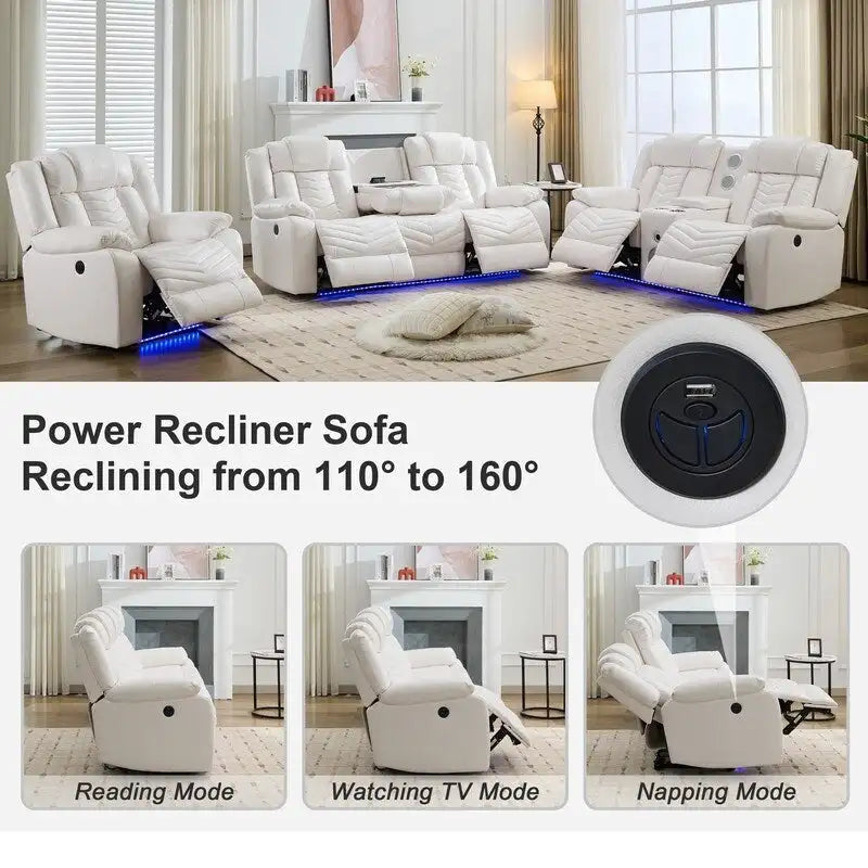 Power Recliner Sofa Set 6-Seater with Zero Gravity,Bass Speaker,Wireless Charger,USB/Type-C Ports,LED Lights,Cup Holders,Gray