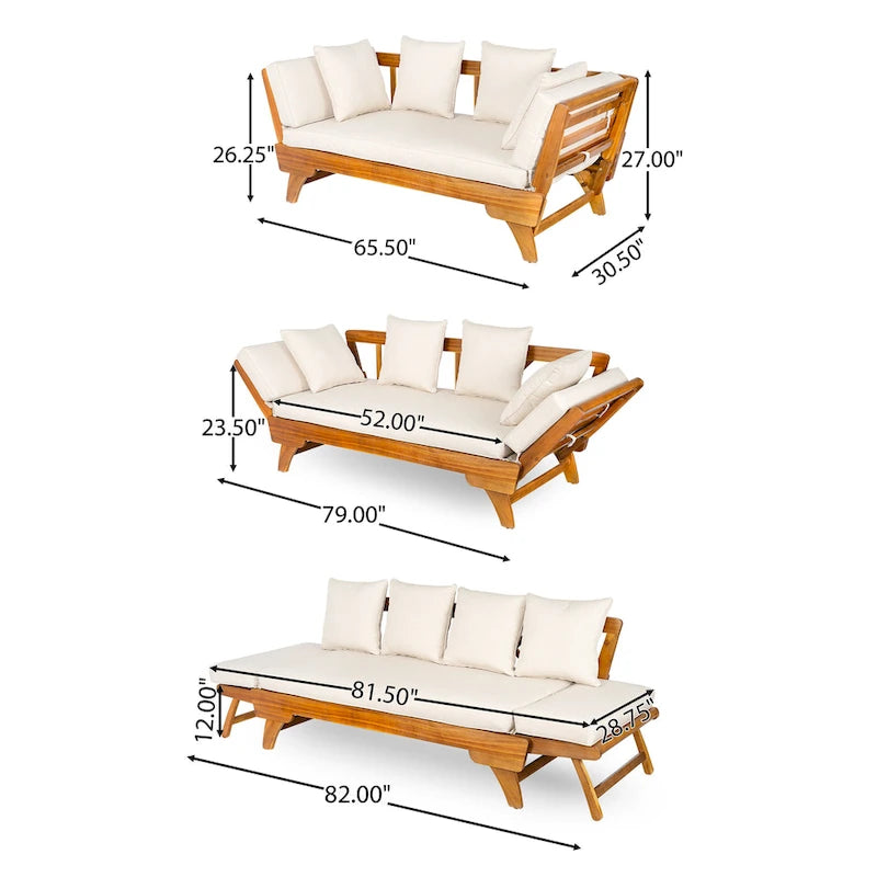 Outdoor Daybed Sofa - 3-Seater with Foldable Arms, Acacia Wood Frame & Removable Cushions