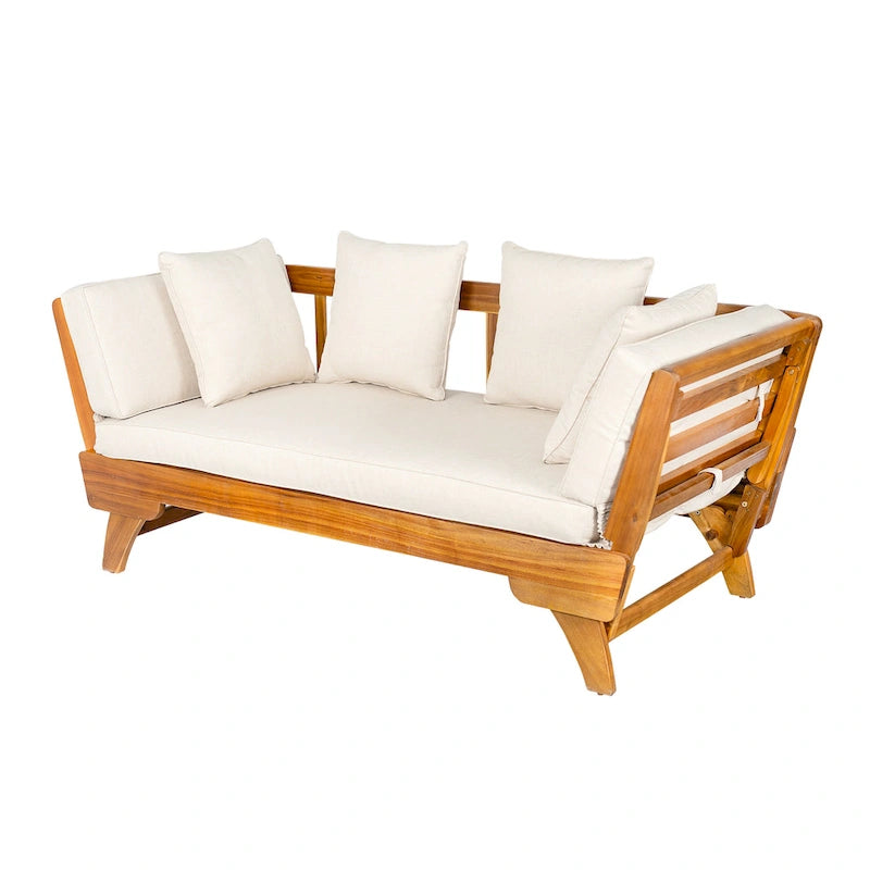 Outdoor Daybed Sofa - 3-Seater with Foldable Arms, Acacia Wood Frame & Removable Cushions