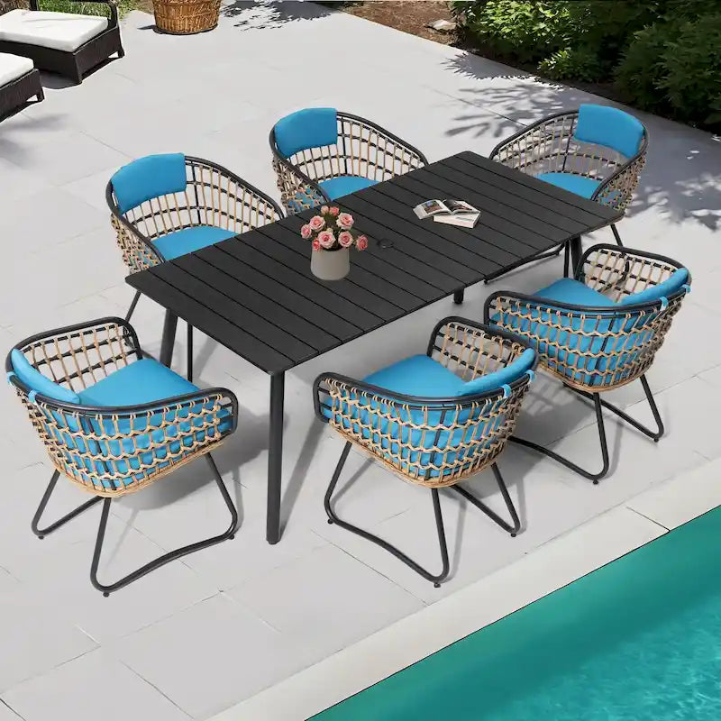 Outdoor Patio Rectangular Aluminum Dining Table Set with Umbrella Hole with Rattan Chair