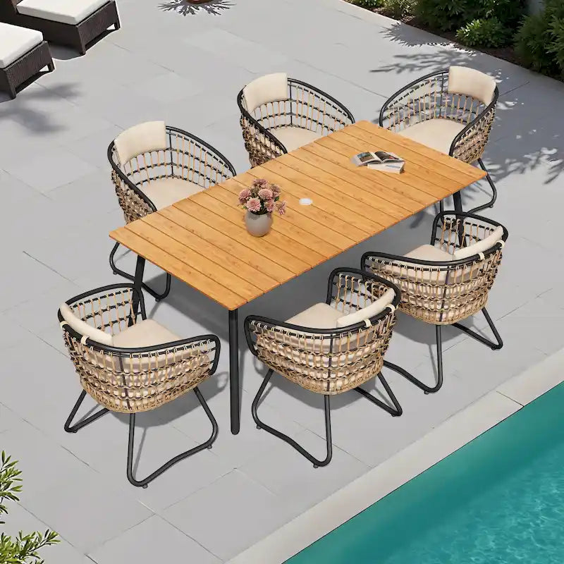 Set da pranzo rettangolare in alluminio per patio esterno con foro per ombrellone e sedia in rattan