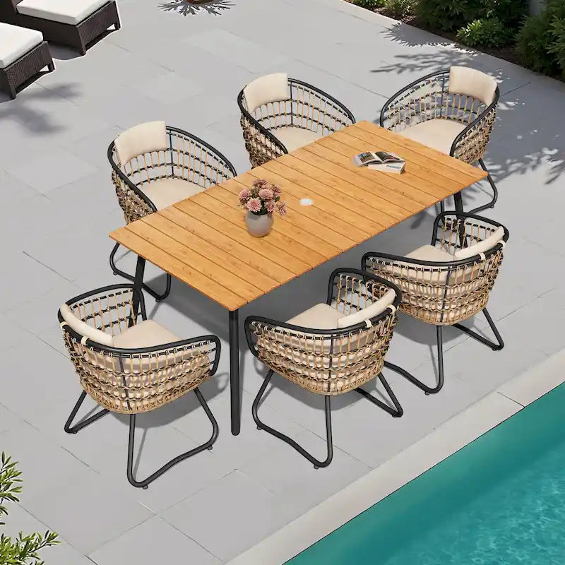 Outdoor Patio Rectangular Aluminum Dining Table Set with Umbrella Hole with Rattan Chair