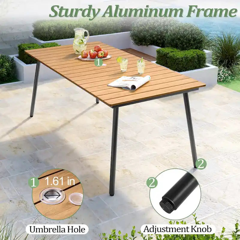 Outdoor Patio Rectangular Aluminum Dining Table Set with Umbrella Hole with Rattan Chair