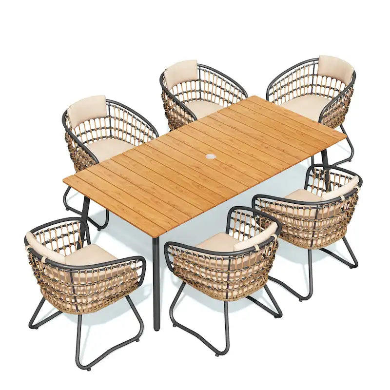 Outdoor Patio Rectangular Aluminum Dining Table Set with Umbrella Hole with Rattan Chair