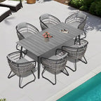 Outdoor Patio Rectangular Aluminum Dining Table Set with Umbrella Hole with Rattan Chair