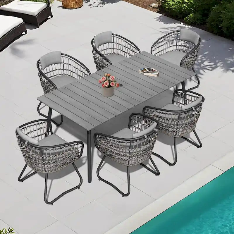 Outdoor Patio Rectangular Aluminum Dining Table Set with Umbrella Hole with Rattan Chair